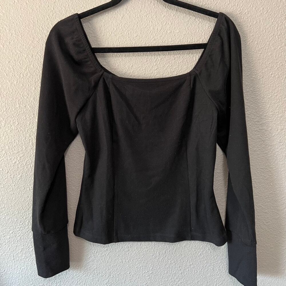 Treasure & Bond Fitted Black Stretch Square Neck Long Sleeve Womens Blouse Med